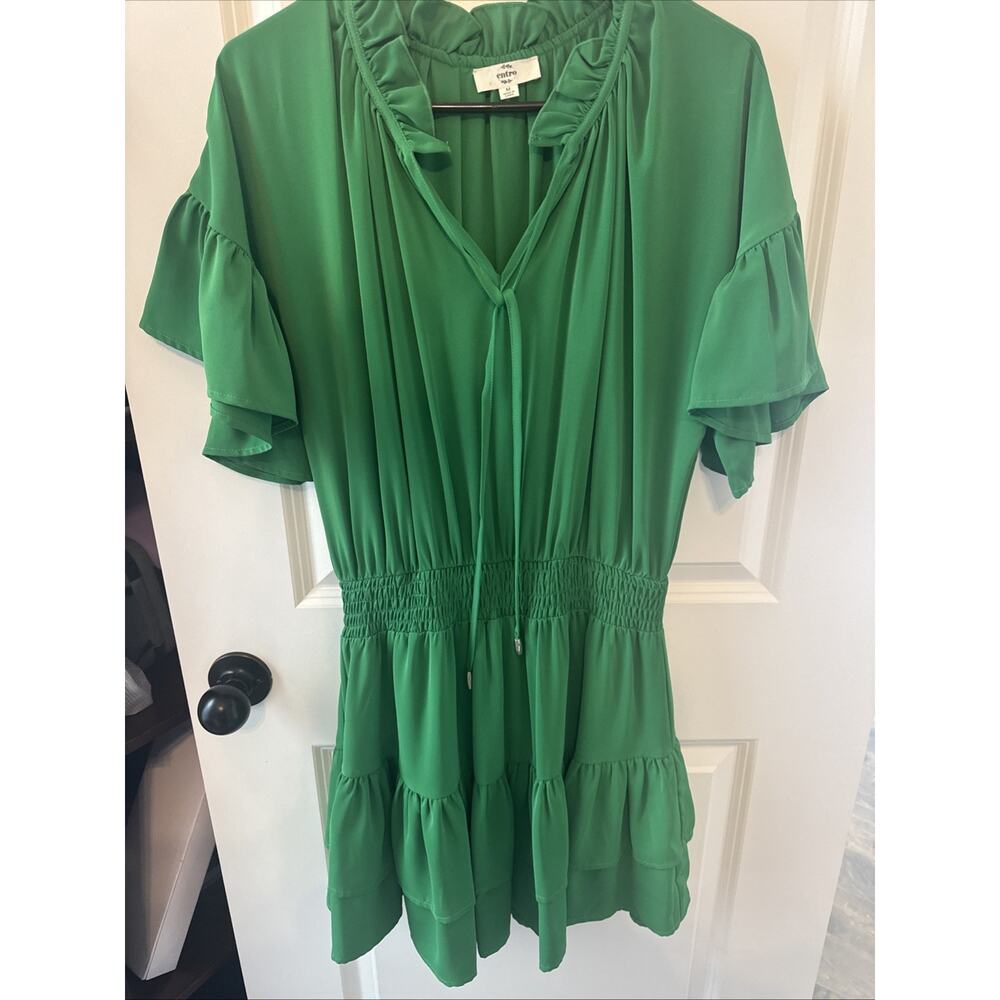 Women’s Entro Emerald Green Midi Ruffle Shirt Sleeve Dress Size Medium